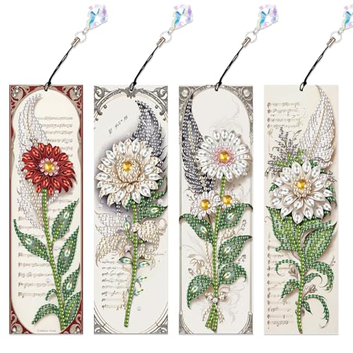 Image of 4-Pack 5D Flower Diamond Painting Bookmarks Kit, DIY Diamond Art Bookmarks with Colorful Diamond Gems and Tassels, Floral Bookmark Making Set for Adults, Gift for Book Lovers