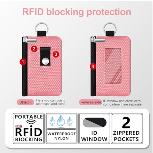 Image of Minimalist RFID Blocking Small Wallet with ID Window,WaterResistant Zip Id Case Wallet with Lanyard Keychain for Cards,Cash,Travel,Women,Men (Pink)