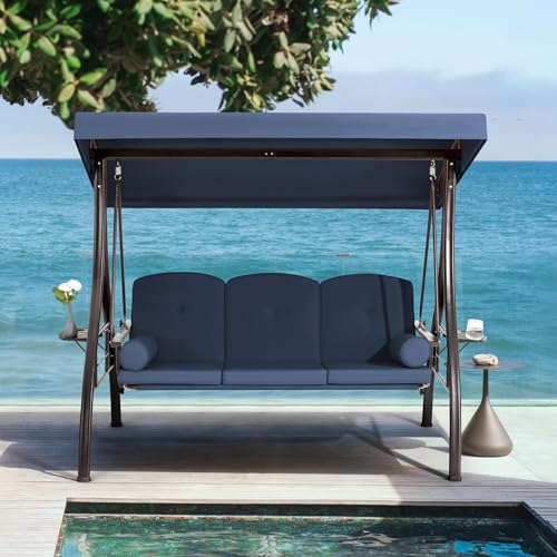 Image of HOMREST 3 Person Outdoor Porch Swing with 1.5 inch Upgraded Cup Holder, Adjustable Canopy, Backrest, Patio Swing Bed with Weather Resistant Steel Frame, Cushions for Garden,Deck and Poolside(Blue)