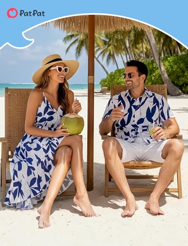 Image of PATPAT Couples Matching Outfits Hawaiian Women Dresses & Men Shirts | Matching Cruise Outfits for Couples, Beach Vacation Outfits, Spaghetti Strap Midi Sundress, Men Boho Tropical Print Shirt
