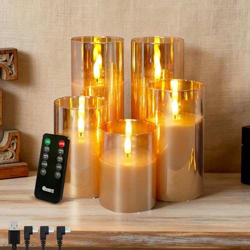 Image of LEDHOLYT Rechargeable Flameless Candles, Realistic Flickering LED Flameless Candles Real Wax Candle with Remote Control and Timer, Gold Glass Electronic Candle, 1 Set of 5(Gold)