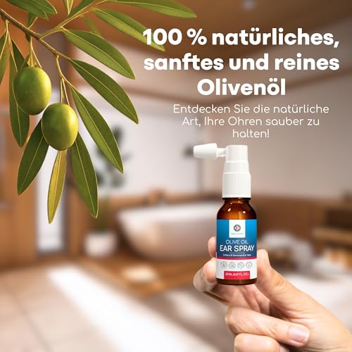 Medi Grade Olivenöl Spray Ohrenschmalz Entferner Spray bei Verstopften Ohren, 20 ml – 100% Natürliches, Weicht Verhärtetes Ohrenschmalz auf und Ablagerungen – Über 50 Effektive Ohrenreinigung Spray