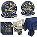 HusDow 121pcs Assiette Jetable Anniversaire Homme, 24 Invités Assiette Carton Anniversaire Bleu Marine et Or Gobelets en Papier Serviette Nappe Papier Paille pour Anniversaire Homme Garcon