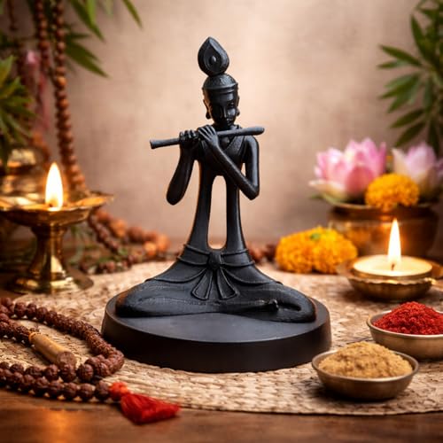 Black Krishna Idol with Flute for Home Mandir | 16 cm 3D Printed Krishna Murti | Modern Krishna Statue for Car Dashboard, Home Decor & Gifting