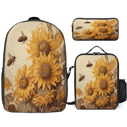 Printed Backpack With Lunch Pack Storage Box Case Bees And Sunflowers on Old Paper 3pcs Lightweight Travel Backpack