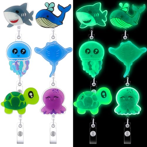 Craftydream DIN-CRAFTYDREAM-0056 6 Pcs Sea Animals Retractable Badge Reel Luminous Nurse Id Badge Holder Retractable Clip Glow In The Dark Cute Decorative Reel Id Clip Retractable cover