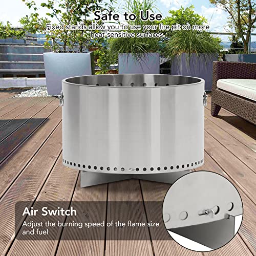 20.5" Smokeless Fire Pit with Air Switch and Handle, Wood Burning Portable Stainless Steel Outdoor Firepit with Removable Stand and Ash Pan, Ideal for Camping Backyard Patio, H: 11.5 in, 18.8 lbs