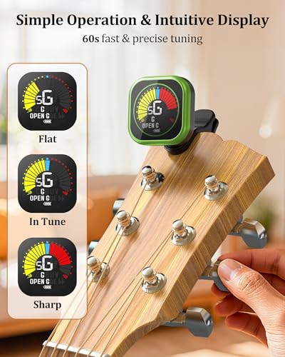 Image of New Bee Guitar Tuner Clip-On Rechargeable with Color Screen 360 Rotatable Acoustic Chromatic Open Tuning for Guitar, Bass, Ukulele, Violin (Green, 1 Pack)