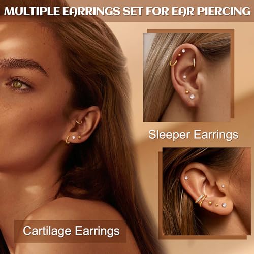 Jstyle 9 Pairs Earrings Sets for Multiple Piercing Hypoallergenic 14K Gold Plated Small Huggie Hoop Earrings for Women Tiny Ball CZ Gold Flat Back Stud Earrings for Women Lobe Helix Cartilage Earrings4