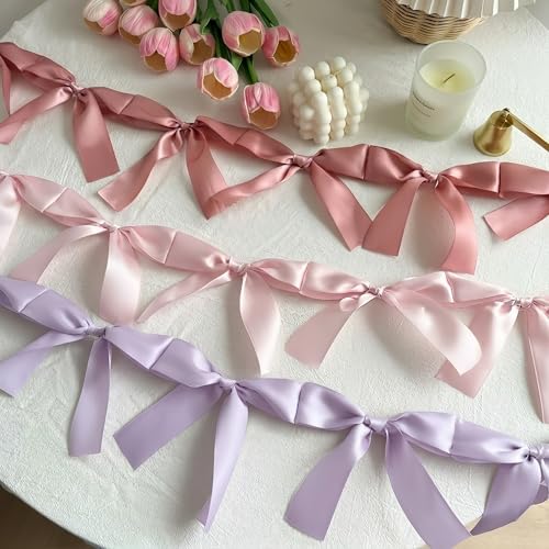 Image of Bow Knot Garland | 6ft Linking Satin Bow Banner with 3ft Extend Ribbon for Coquette Bachelorette Party, Baby Shower,Bridal Shower Wedding Baby Room Bed Decor (Violet, 6ft)