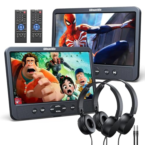 GOnavidio 10.1 Dual Car DVD Players with HDMI Input Headphones Mounting Brackets Support USB/SD Card AV in/Out Last Memory Play A Same or Two Movies No Battery