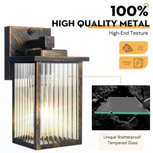 Image of 2 Pack Outdoor Wall Lights with Dusk to Dawn Sensor, Waterproof Exterior Lights for House Porch and Garage, Black Brush Gold Metal Wall Sconce with Textured Glass