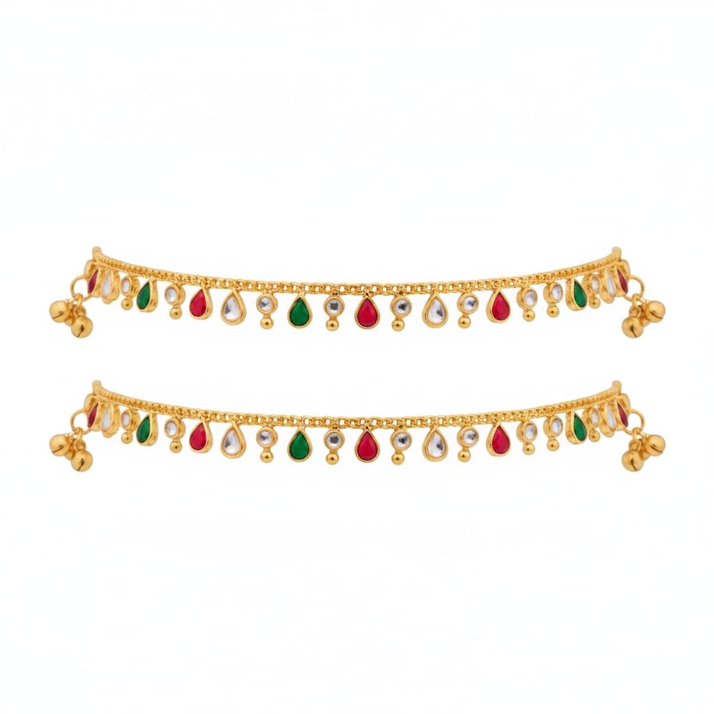 Royal Tricolor Stone Gold Plated Payal for Women & Girls | Adjustable Traditional Anklet Pair with Red Green White Stones | Ethnic Foot Chain for Wedding Festival Party-image-11