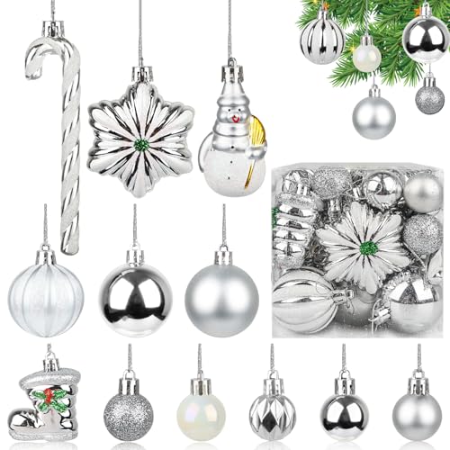 34 Bolas Retro Christmas Baubles Shatterproof Ball 35MM-60MM Ornaments with Hook for Tree Decorations Plastic Bolas Arvore de Natal Original Enfeites Bambalinas Grandes Navidad Balls Xmas Tree(Plata)