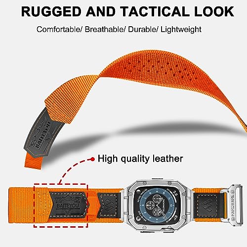 Image of BAITEYOU Band with Case Compatible with Apple Watch Band Series 9 8 7 (41mm) 6 5 4 SE 3 2 1 (40mm 38mm), Nylon Strap with Stainless Steel Metal Rugged Case Cover for iwatch Bands for Men
