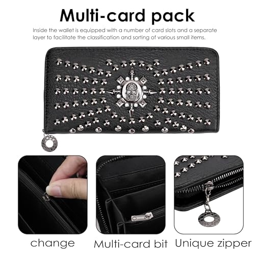 Studded Skull Wallet for Women, Black Gothic Clutch with Metal Studs, Zip-Around Compact Leather Purse for Cards and Cash4