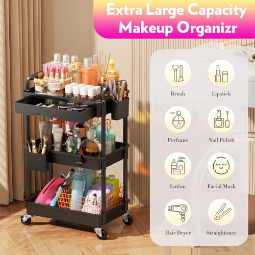 Image of SUNALLY Makeup Cart Organizer with Drawer,3 Tier Rolling Makeup Cart, Black