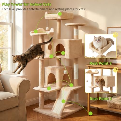 Árbol para gatos multi-niveles con perchas y cuevas beige miniatura 4