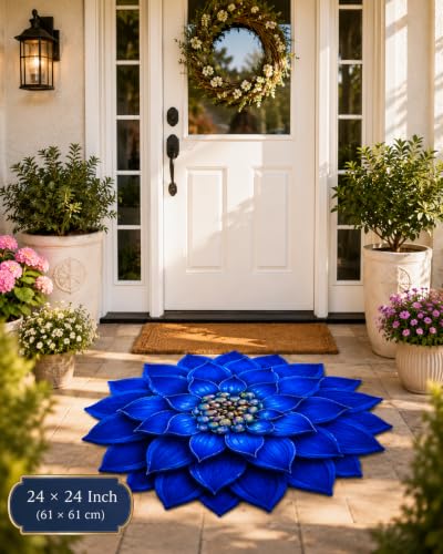 Image of 3D Lotus Floral Door Mat | Water Absorbent, Anti-Skid, Machine Washable Floor Mat | Soft Microfiber Carpet for Home, Living Room & Bedroom | Premium Decorative Mat (Blue, Lotus)