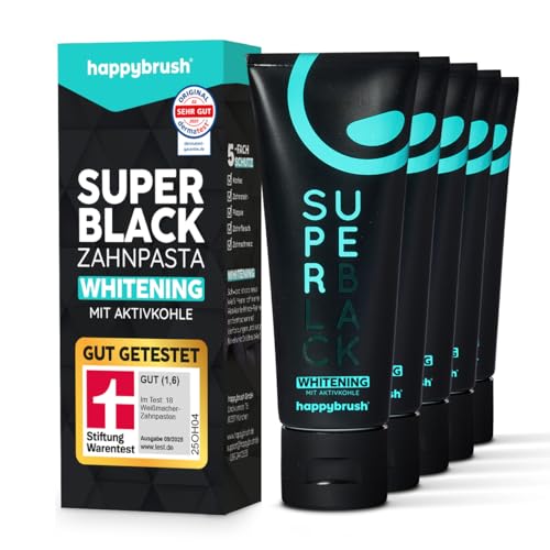 happybrush Vegane Aktivkohle Zahnpasta SuperBlack mit Minze Geschmack 5er Pack - Schwarze Zahnpasta für weisse Zähne und Zahnaufhellung - Vorratspack (5 x 75ml)