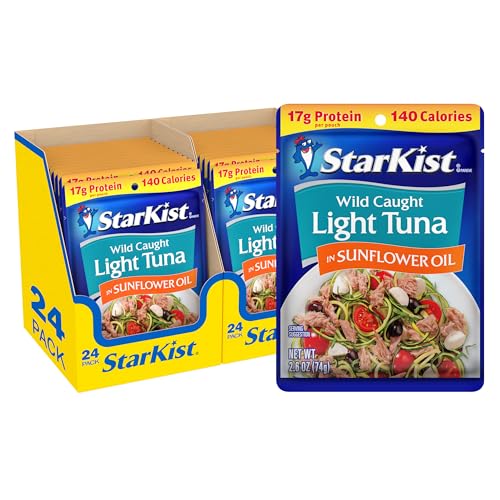 Image of StarKist Chunk Light Tuna in Sunflower Oil, 2.6 Oz, Pack of 24 | 17g Protein Per Serving, Ready to Eat, Shelf Stable Seafood, Gluten Free, Soy Free, No Draining for Salads, Sandwiches