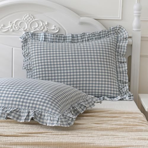 2 Pack Blue White Plaid Gingham Ruffle Pillow Shams Standard Size 20x26 inches, 100% Washed Cotton Checkered Farmhouse Pillow Covers for Bed/Sofa (26x20 inches,Blue/White Plaid)