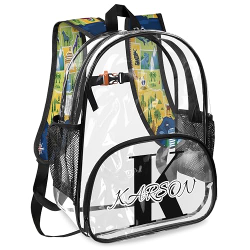 Personalized Large Clear Backpack Stadium Approved Heavy Duty PVC Plastic Custom Map of The United States Transparent Backpacks See Through Bag with Name, Animals Theme2