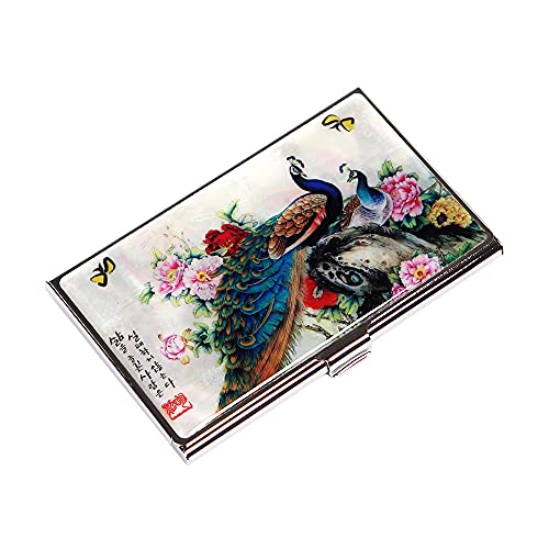 Image of Mother of Pearl Business Card Case Credit Id Name Holder Travel Wallet Art Painting Design Metal Stainless Steel Engraved Slim Purse Pocket Cash Money Wallet (Peacock)