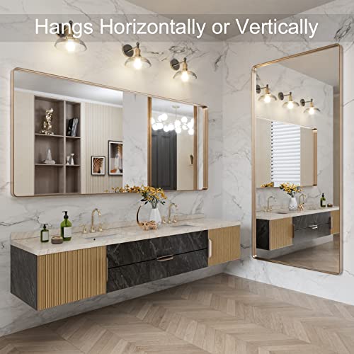 LOAAO 72”X32” Gold Bathroom Mirror, Rounded Rectangle Gold Frame Mirror, Brushed Gold Bathroom Vanity Mirror Wall-Mounted, Anti-Rust, Tempered Glass, Hangs Horizontally or Vertically