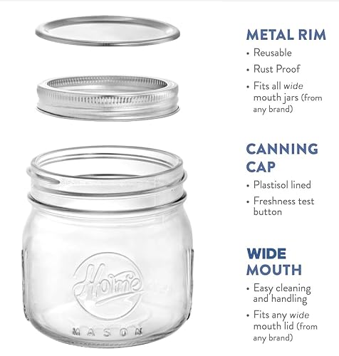Tebery 12 Pack Wide Mouth Home Glass Mason Jars with Airtight Lids and Bands, 16Oz Canning Glass Jars for Canning, Fermenting, Pickling, Decor