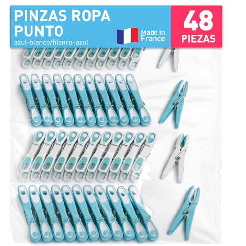 culiclean Pinzas Ropa Fuertes – 48 Pinzas para Tender Ropa Que No Dejan Marca – Plástico Resistente y BPA Free – Fabricado en Francia – Punto, Azul Blanco/Blanco Azul