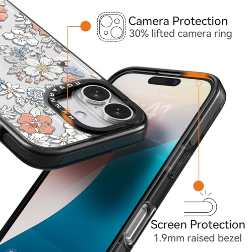 Coque iPhone 16 durable de haute qualité noire à imprimé fleurs de 6,1" - 3