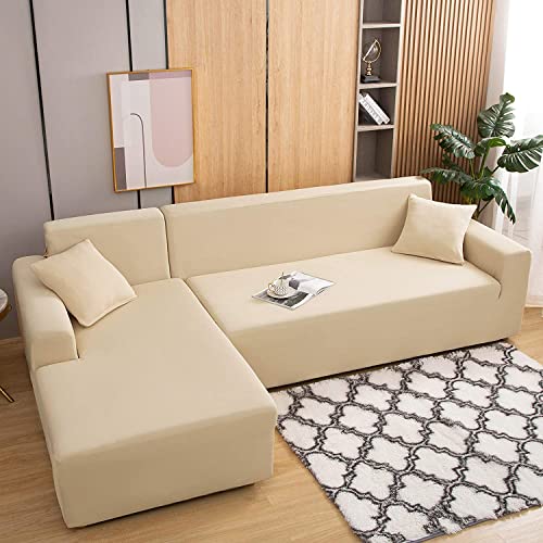 ele ELEOPTION Beige Sectional Couch Covers L Shape Sofa Cover 2 Piece for Cushion Couch Stretch Chaise Slipcover (L-Shape 3+3 Seater)