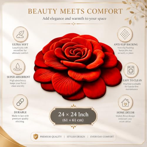 Image of Red Rose Decorative Floor Mat | Anti-Slip, Water Absorbent & Machine Washable | Premium Soft Microfiber Decorative Rug for Home, Living Room & Bedroom | 25x25 Inch, (Red, Rose Flower)