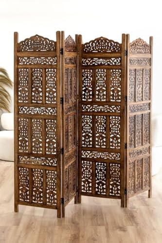 Image of Home & Goods International Wooden Room Divider Partition - Foldable Wood Screen Separator for Living Room, Bedroom, Office, Restaurant || Kangra Badrun - 4 Panel, Brown