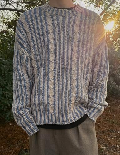 Men's Oversized Chunky Cable Knit Sweater Twisted Rope Crewneck Long Sleeve Vintage Pullovers Tops3