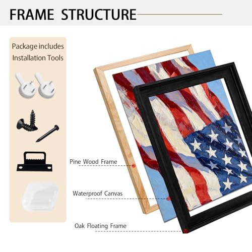 Image of American Flag Framed Canvas Wall Art, 4th of July Red White Blue Canvas Prints, USA Flag with Picture Patriotic Decorations, Modern Independence Day Wall Decor for Bedroom Living Room Office 24x36