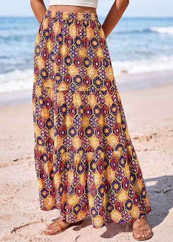 Image of KIRUNDO Maxi Skirts for Women Summer Boho Floral Long Skirt | High Waist Tiered Flowy Skirt, 2026 Spring Fall Fashion, Casual Teacher Outfits, Beach Vacation Clothes, Cruise Resort Wear