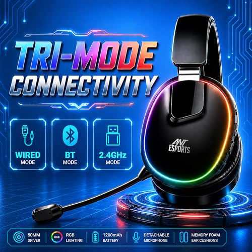 Image of Ant Esports Stealth 30 Tri-Mode Wireless Gaming Headset |Bluetooth 5.4 | 2.4GHz | Wired|50mm Drivers Detachable Mic 1200mAh Battery Durable Frame Over Ear Headphone PC PS5 PS4 Xbox Mobile Laptop Black