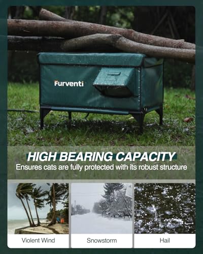 Image of Outdoor Heated Cat House in Winter,Extremely Insulated & Weatherproof,Elevated Feral Cat Shelter with Waterproof Eaves & Escape Door for Outside Stray Barn Cat (Dark Green,M.)