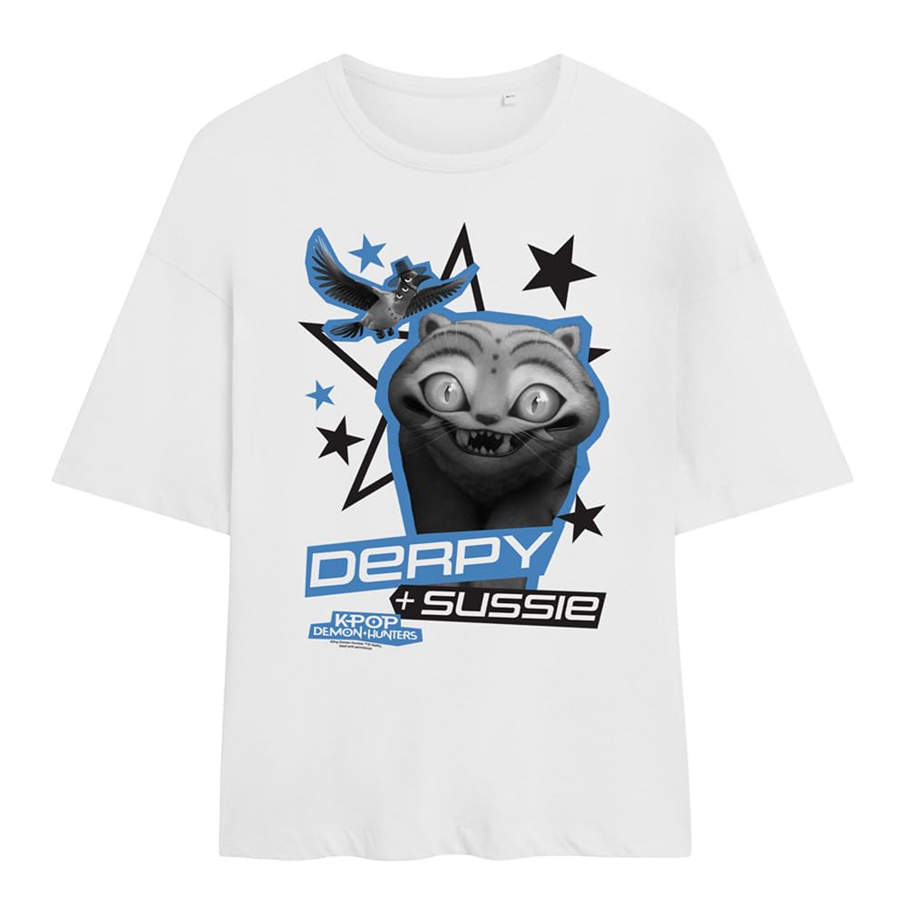 Kpop Demon Hunters Derpy and Sussie Scrapbook Stars Ladies Oversized T Shirt, White, XX-Large