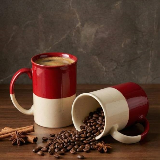 Image of BLACKCARROT Ceramic Red White Coffee Mug Set of 2, 300ml, Microwave Safe | 300ml ceramic coffee mugs set of 2, bone china free and microwave safe, ideal for tea, coffee and everyday gifting.