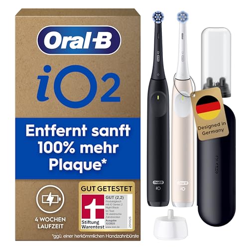 Oral-B iO Series 2 Elektrische Zahnbürste, Electric Toothbrush, DUO Pack, 2. Handstück, 3 Putzmodi für Zahnpflege, Reise-Etui, Aufsteckbürsten-Etui, Designed by Braun, Night Black, Calm Pink