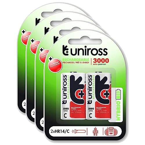 Uniross Pack de 4 x 2 Piles Rechargeables C/HR14 3000 NIMH HYBRIO, 1.2V