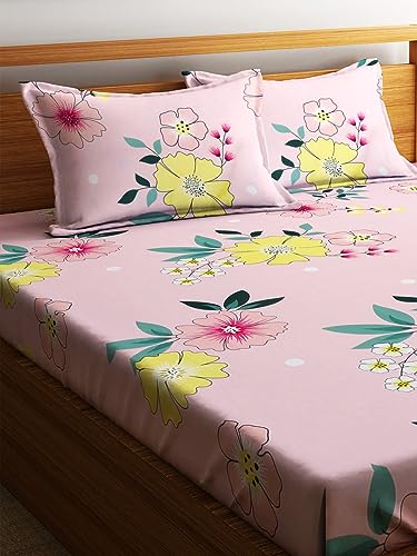 Image of Home Sizzler 144TC Garden Escape Pink Elastic Fitted Double Bedsheet with 2 King Size Pillow Covers, Fit for Mattress: 72 inchX75 inch & 72 inchX78 inch