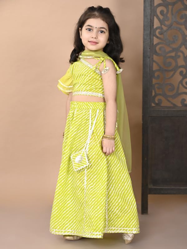 Image of superminis Girl's Cotton One Shoulder Lehariya Printed Readymade Lehenga Choli And Net Dupatta Set