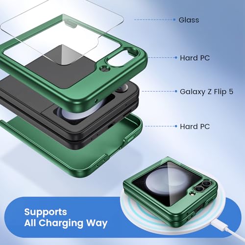 Image of Ruky for Galaxy Z Flip 5 Case, Hard PC Ultra Slim Shockproof Protective Cover, Support Wireless Charging Full Body Drop Protection Case for Samsung Galaxy Z Flip 5, Dark Green