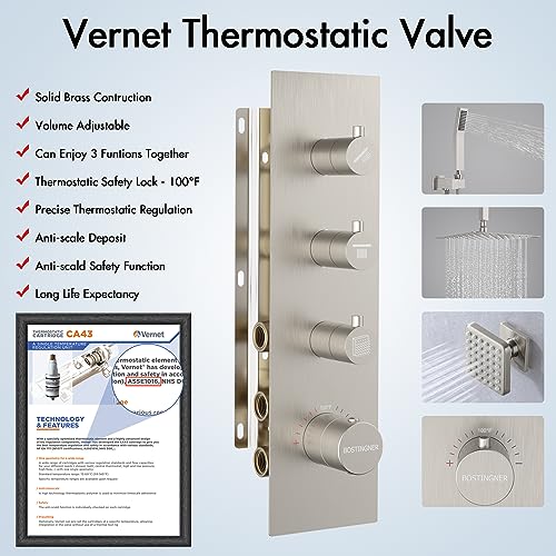 Image of Shower Jets System, 16 inch Ceiling Rainfall Shower System with Spray Jets(Can All Run Together) Thermostatic Shower System with Handheld Shower Head and 6 Body Spray Jets - Brushed Nickel