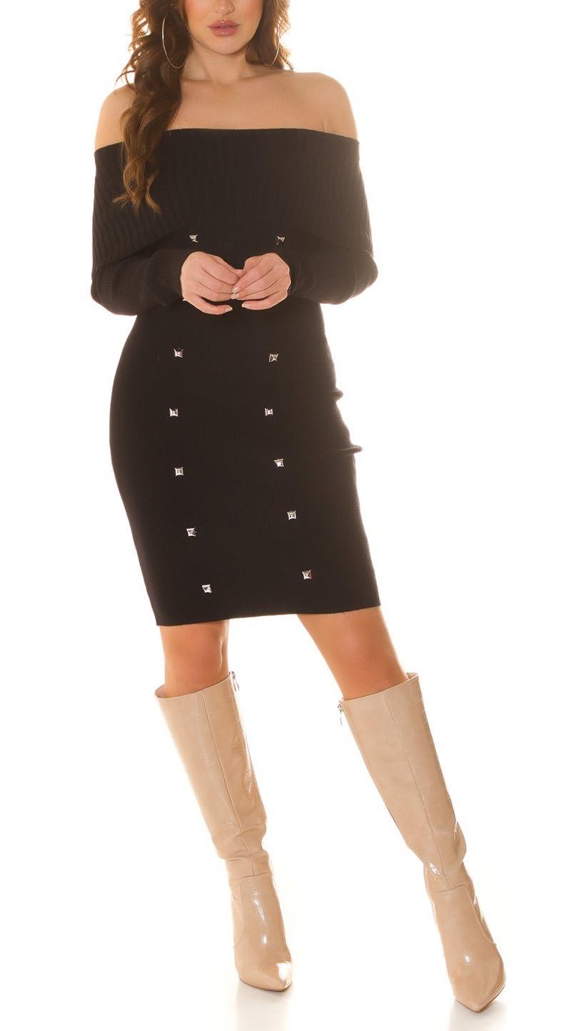 Off Shoulder Fine Knit Midi Dress Long Sleeve Dress Knee-Length with Carmen Neck and Decorative Buttons