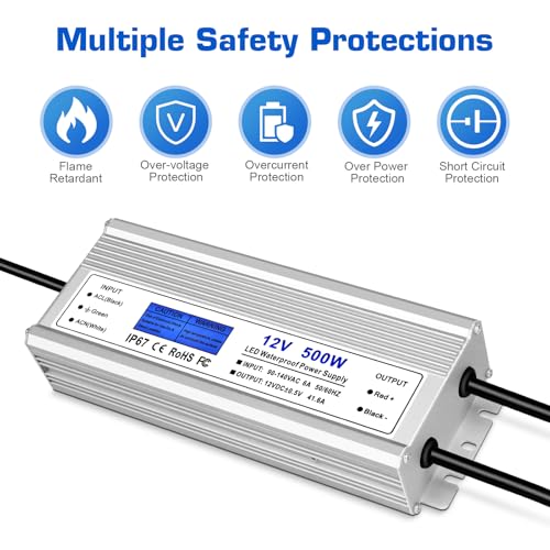 Image of LED Driver 500 Watts, IP67 Waterproof 12V Power Supply, AC 90-140V to DC 12V 41.6A Low Voltage Transformer with 3-Prong Plug 3.28ft Cable for LED Lights, Computer Project, Outdoor Use